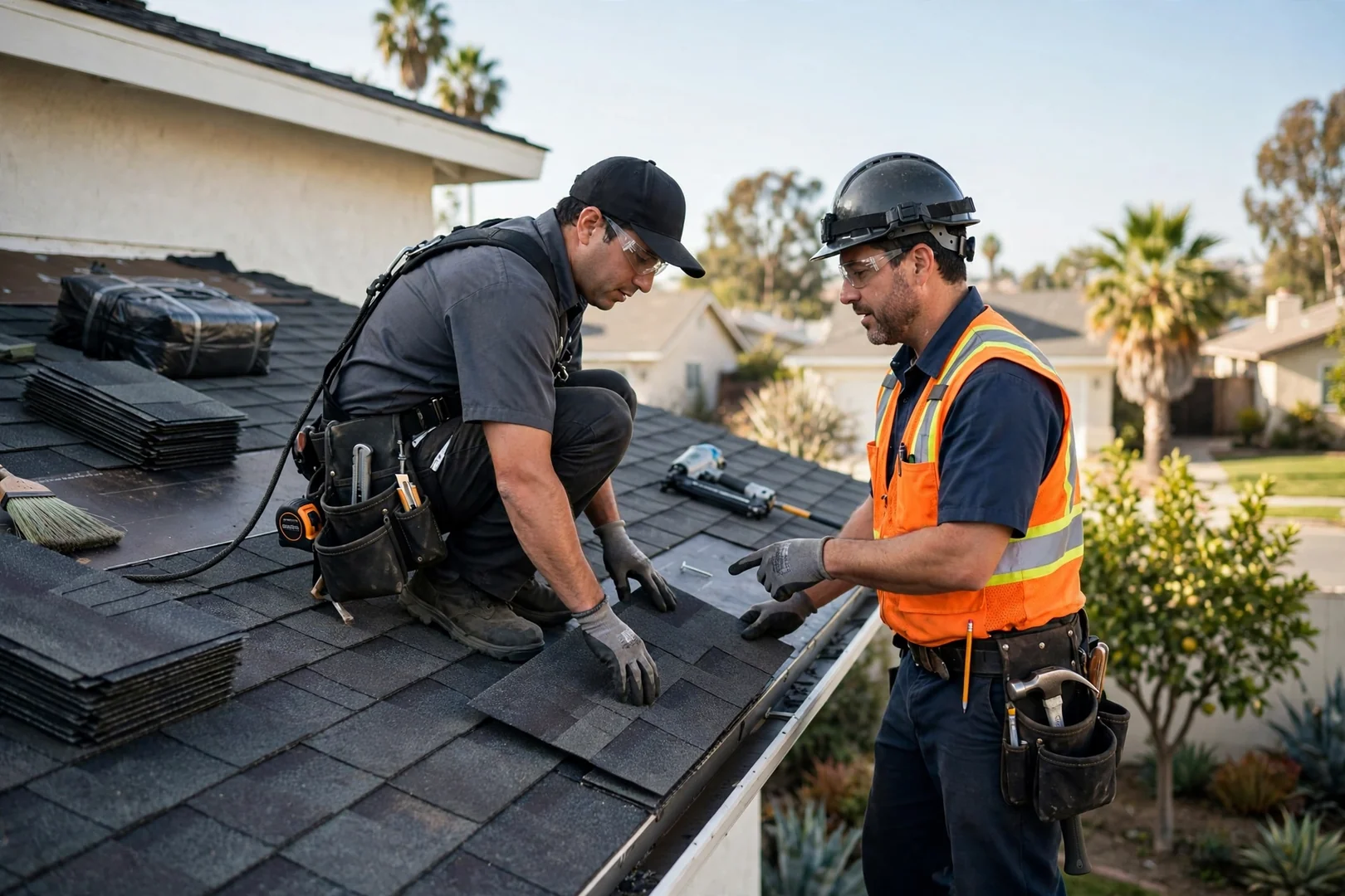 Roofing contractor measuring a flat commercial membrane roof for a written estimate in La Palma