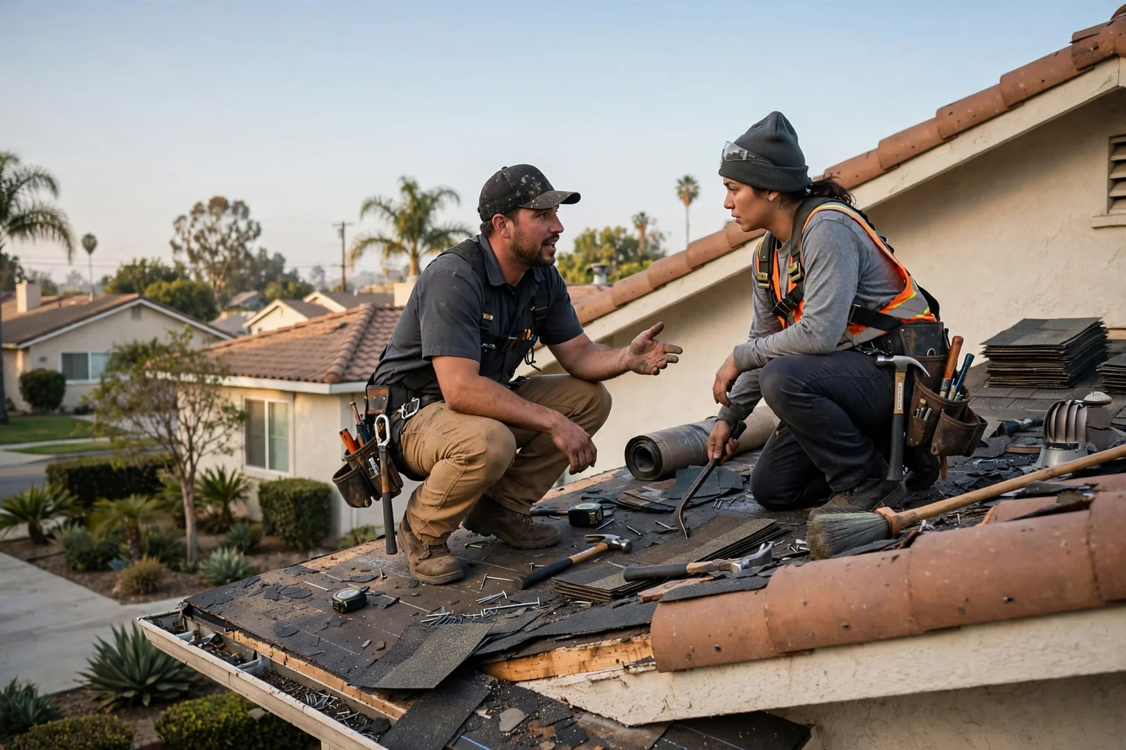 Roofing crew heat welding TPO membrane seams on a flat commercial roof in La Palma
