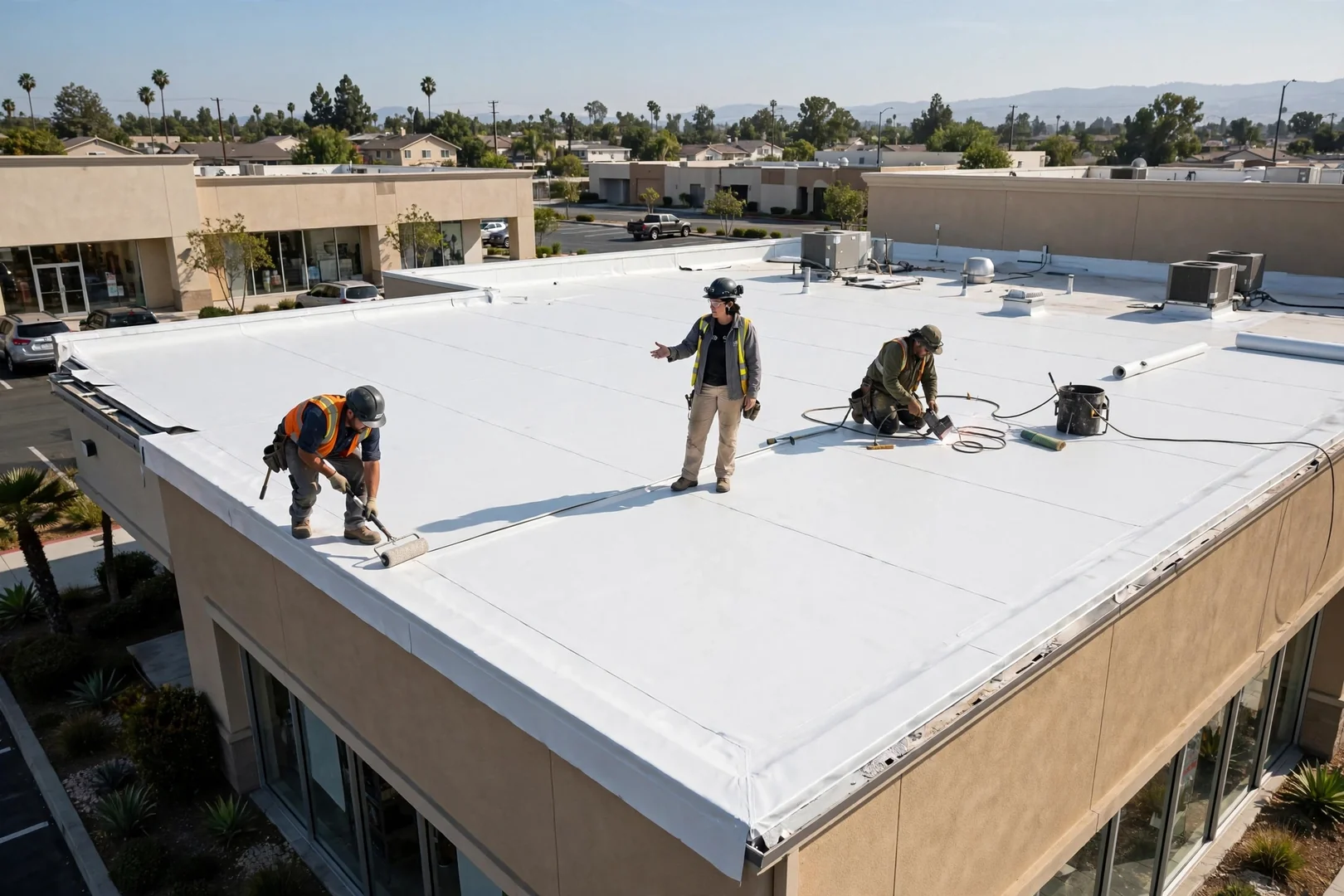 Wide view of a newly installed white TPO membrane roof on a La Palma retail building