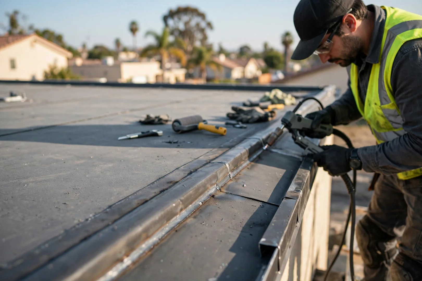 Close-up of heat-welded membrane seam along a flat commercial roof edge