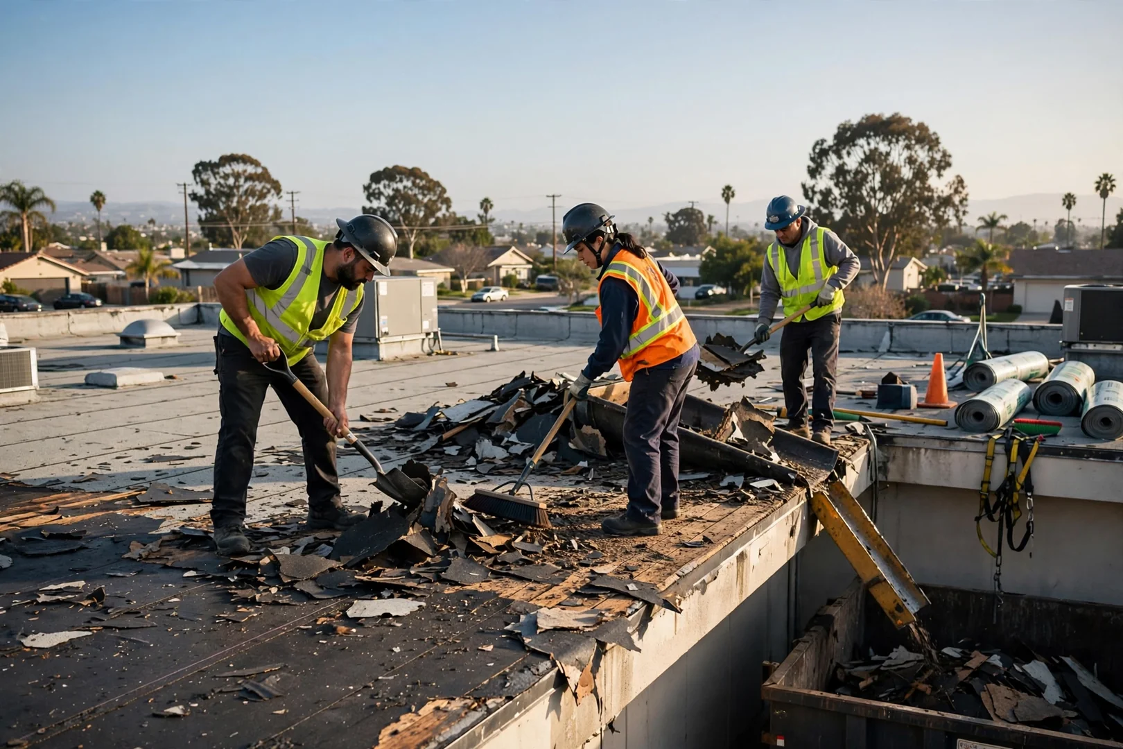 Roofing crew removing old layers during tear-off on a warehouse deck