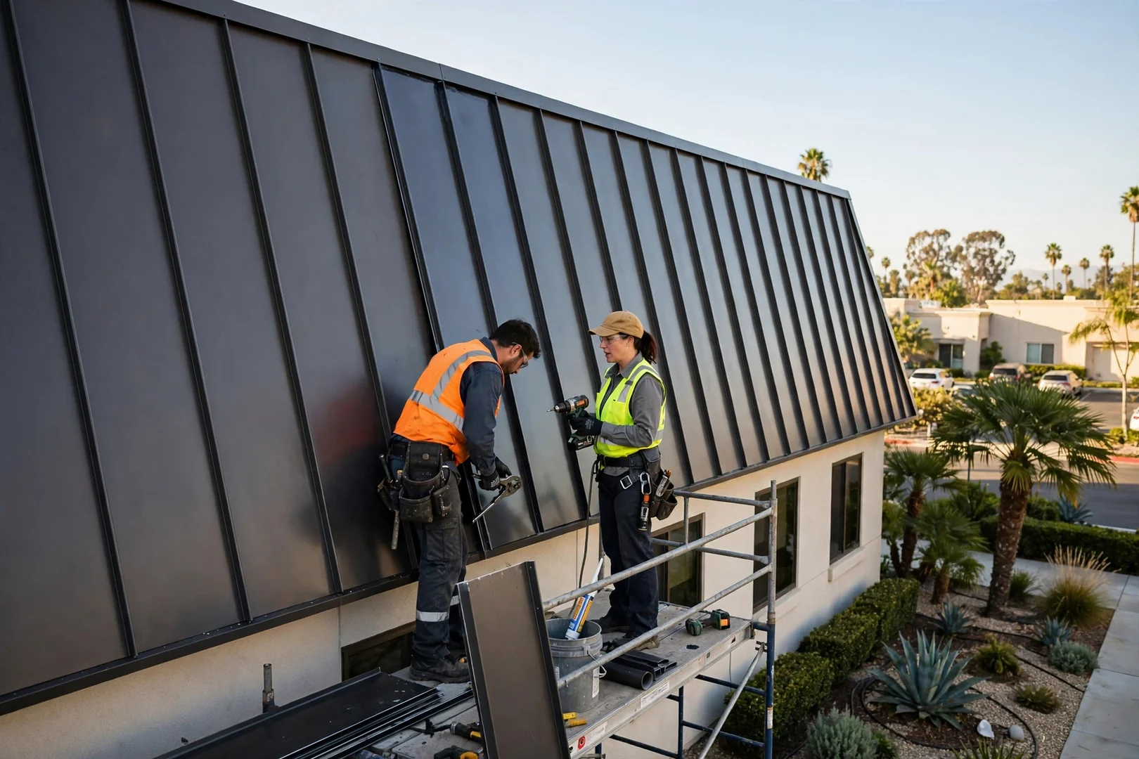 Standing seam metal panels installed on an office building mansard section