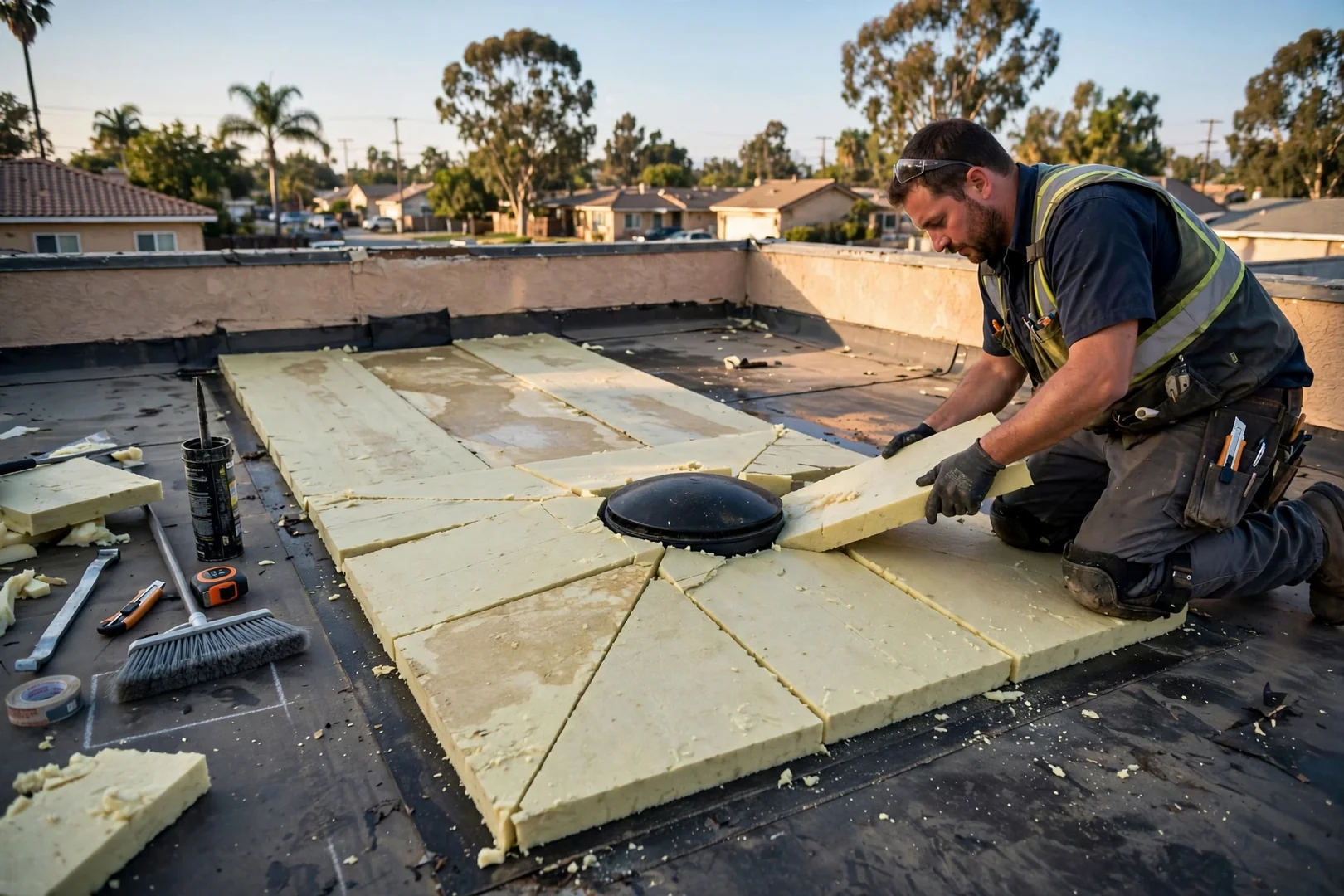 Ponding water corrected with tapered insulation near a rooftop drain