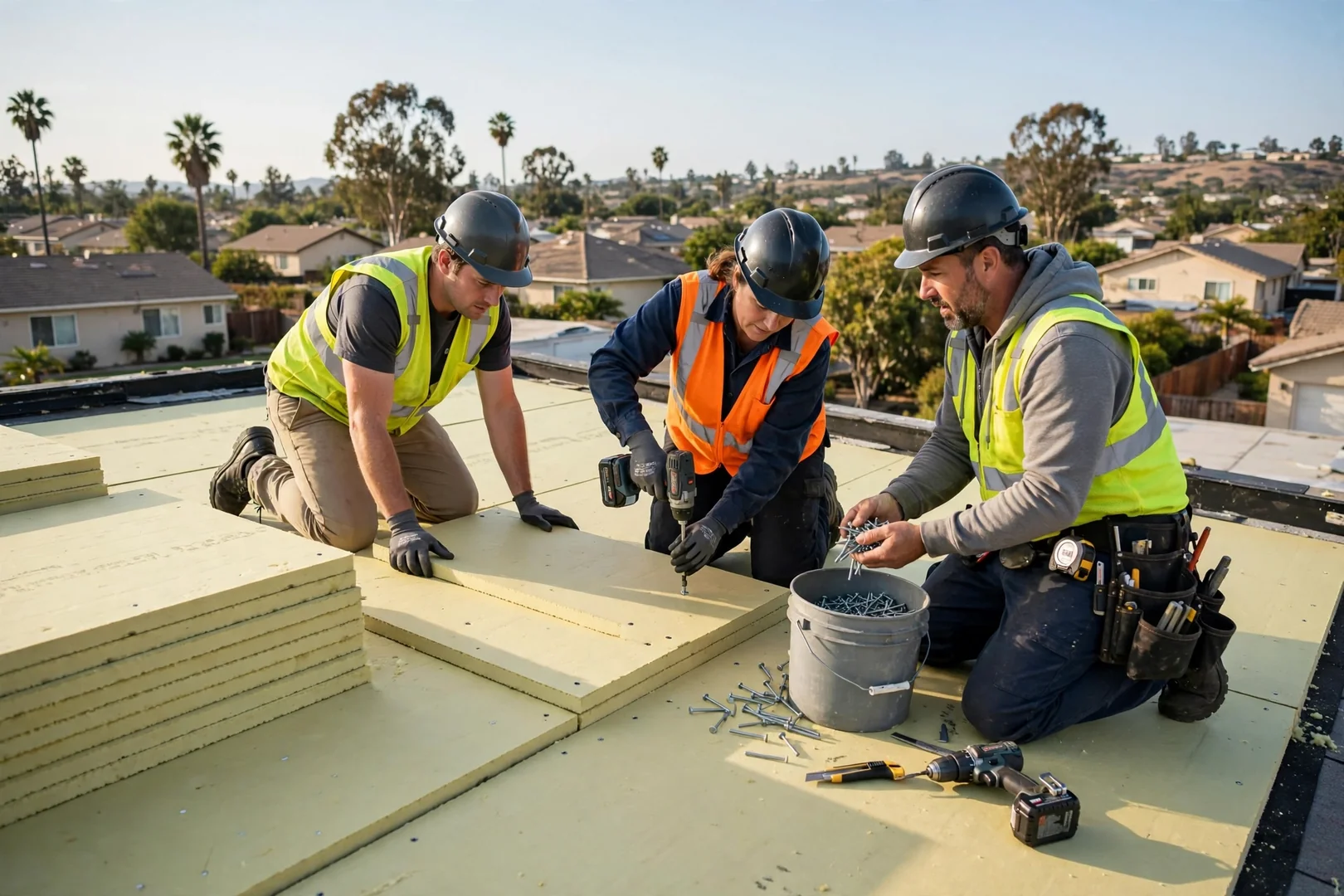 Crew installing insulation board and fasteners on a low-slope commercial roof