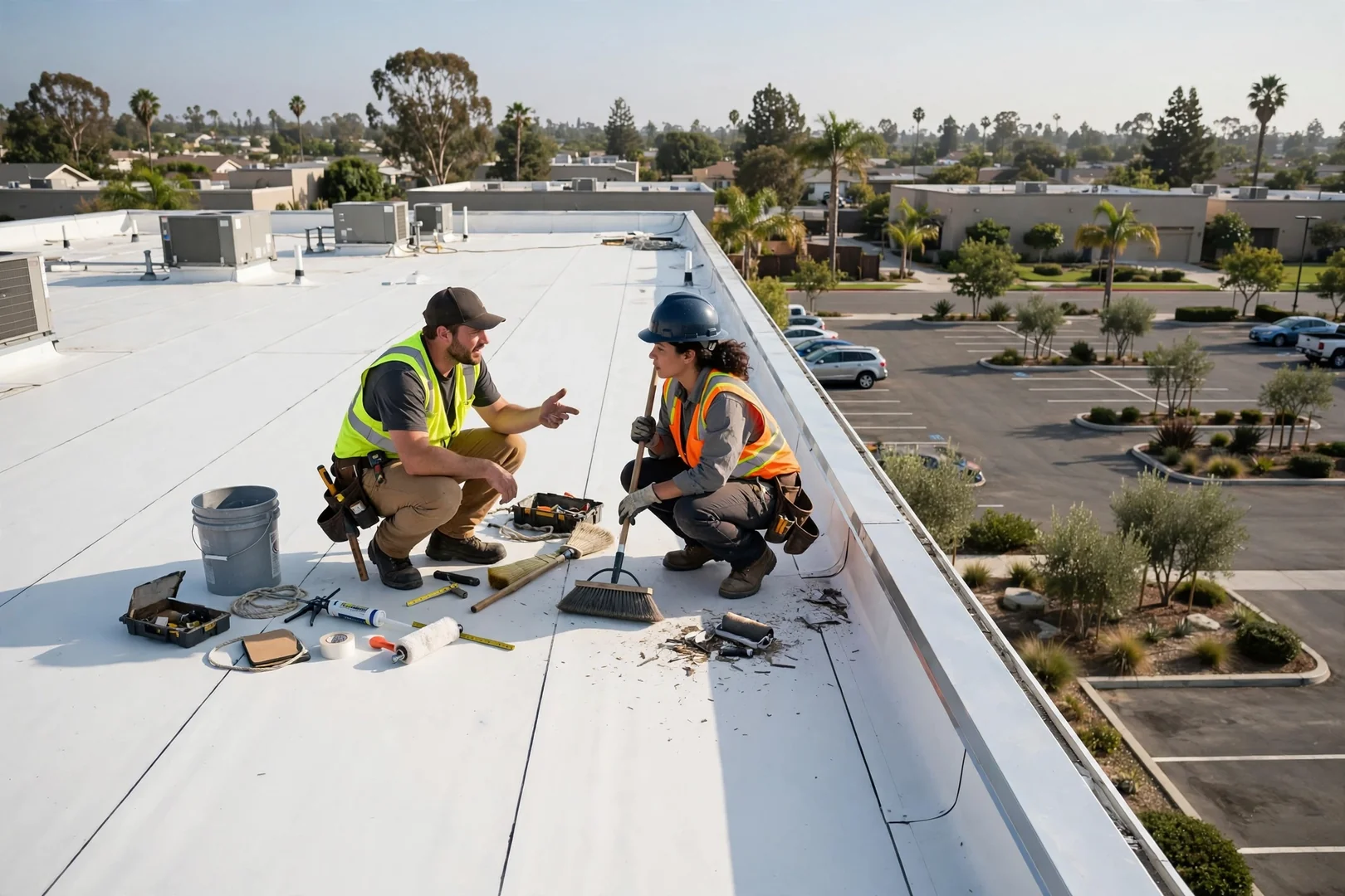 Finished commercial roof with clean lines above a tidy La Palma parking lot