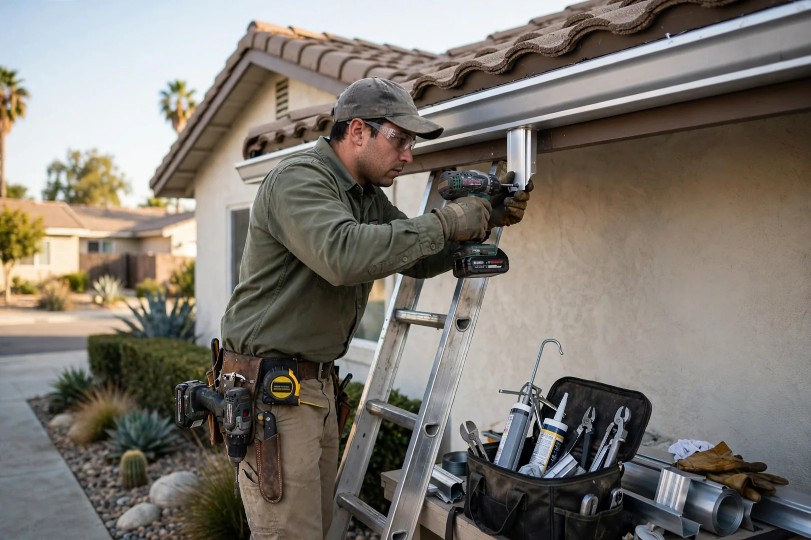 Seamless aluminum K-style gutter run along fascia of single-story La Palma home