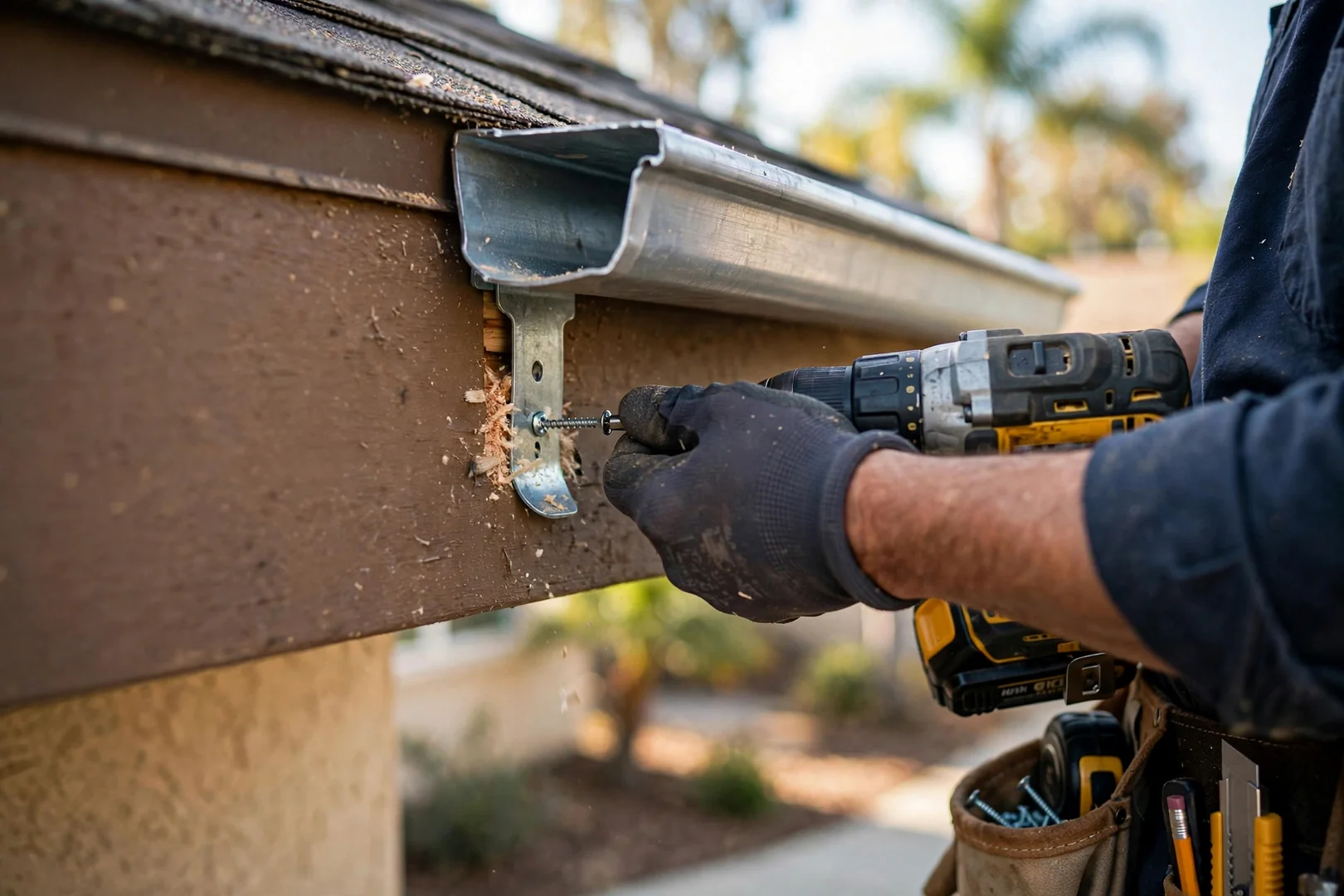 Close-up of hidden hanger fastened into solid fascia board during gutter installation
