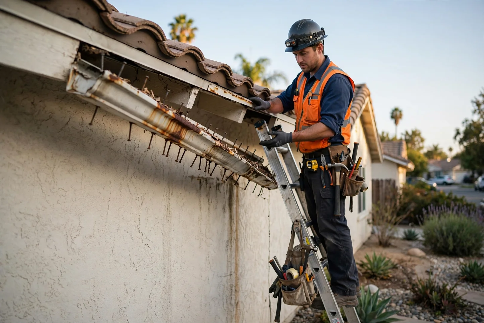 Sagging old gutter with rusted spikes before replacement on stucco home