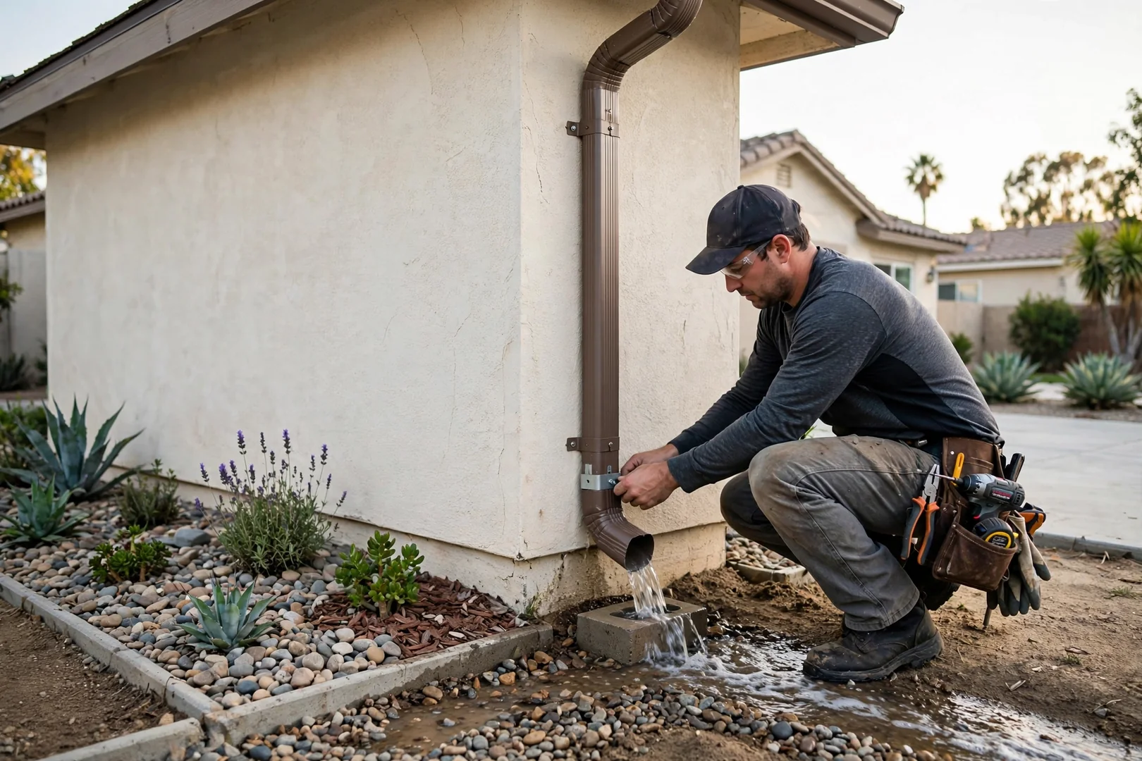 Downspout strapped to stucco wall discharging runoff away from planting bed