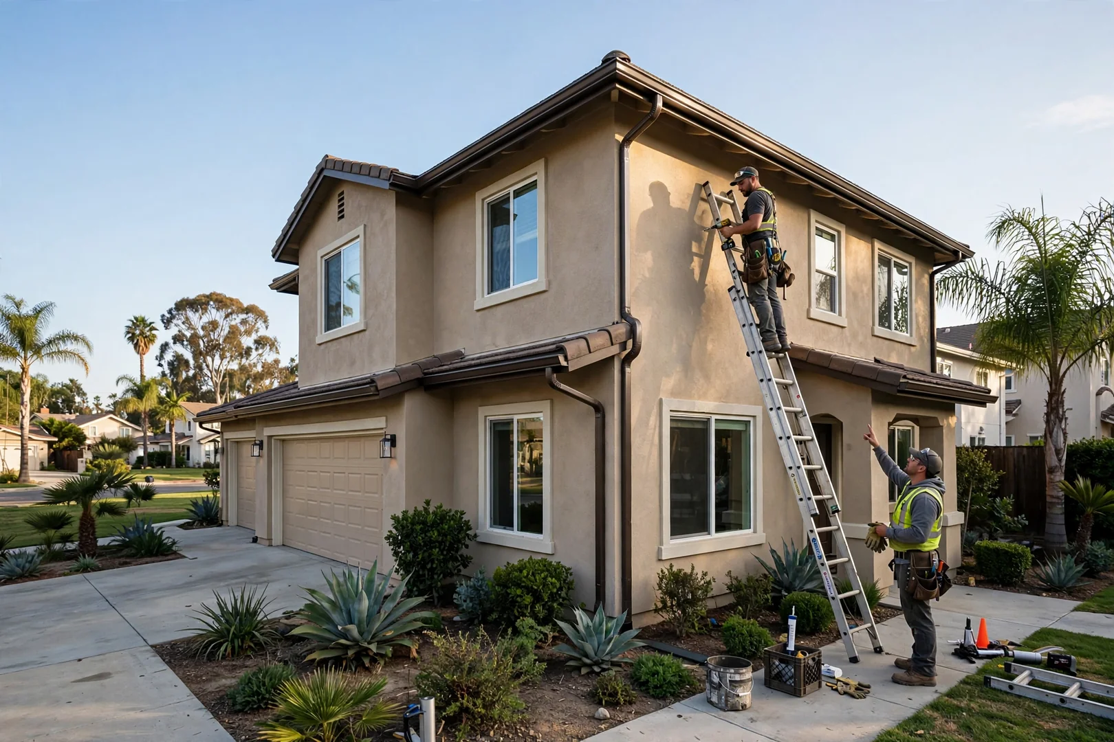 Wide shot of two-story home with new color-matched gutters and clean roofline