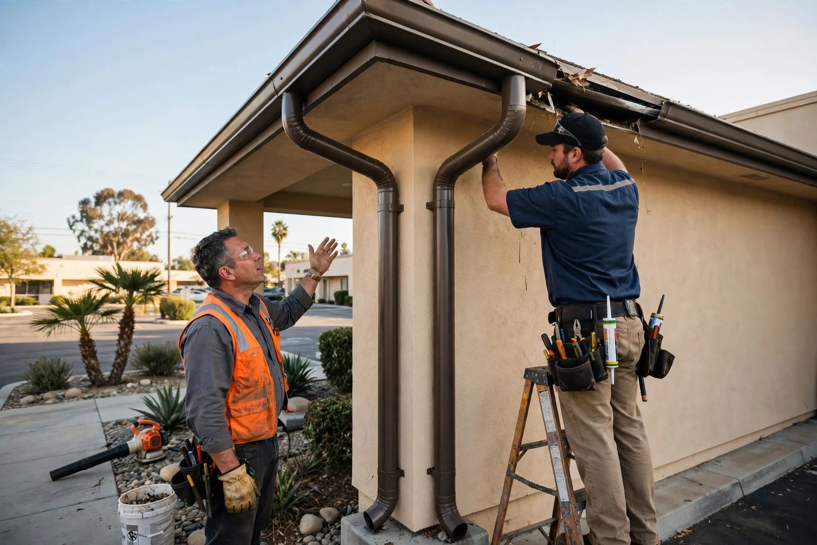Commercial building with heavy gauge gutters and oversized downspouts in La Palma