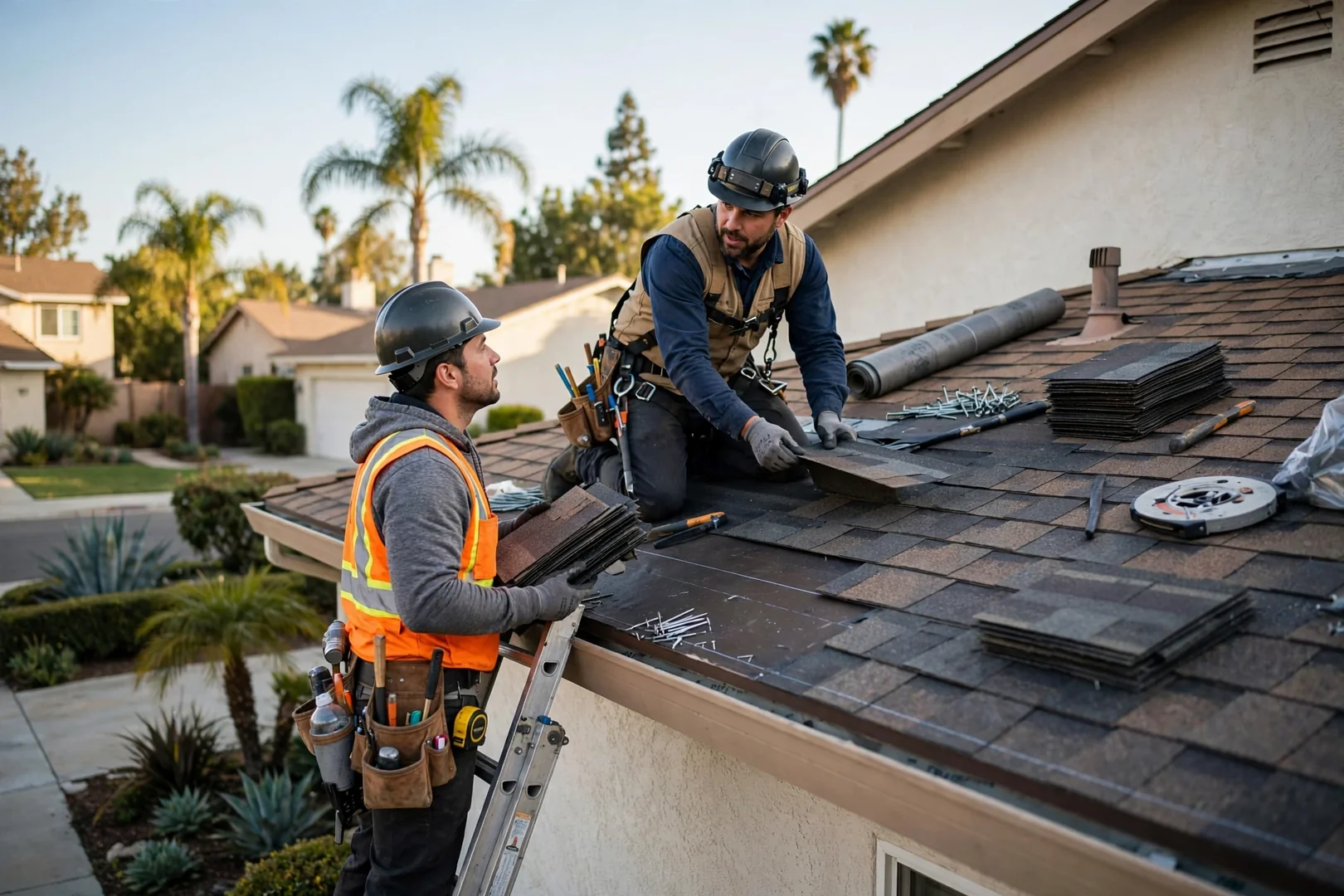Roofer measuring standing seam metal panels during a residential installation in La Palma