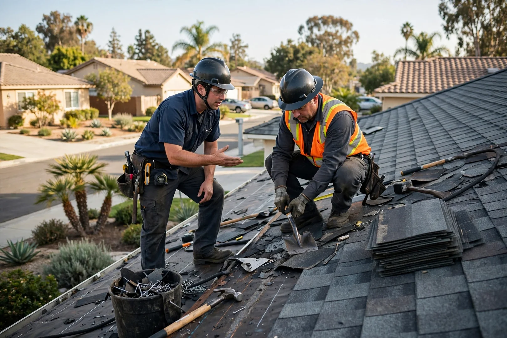Roofer setting standing seam metal panels on a La Palma home roof deck