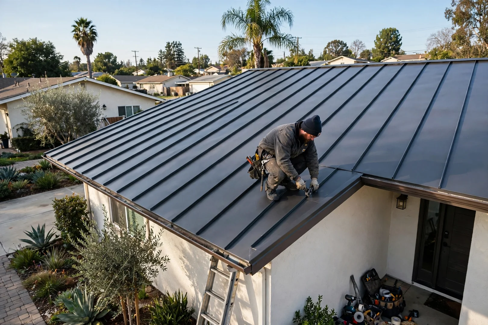Finished standing seam metal roof with straight seam lines on a single-story La Palma home