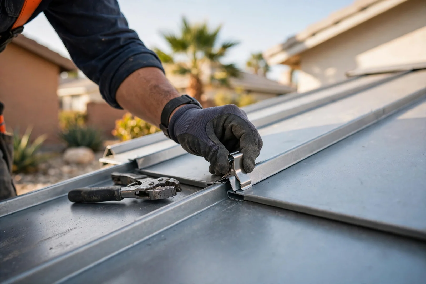 Close-up of concealed clip fasteners securing metal panels along a roof seam