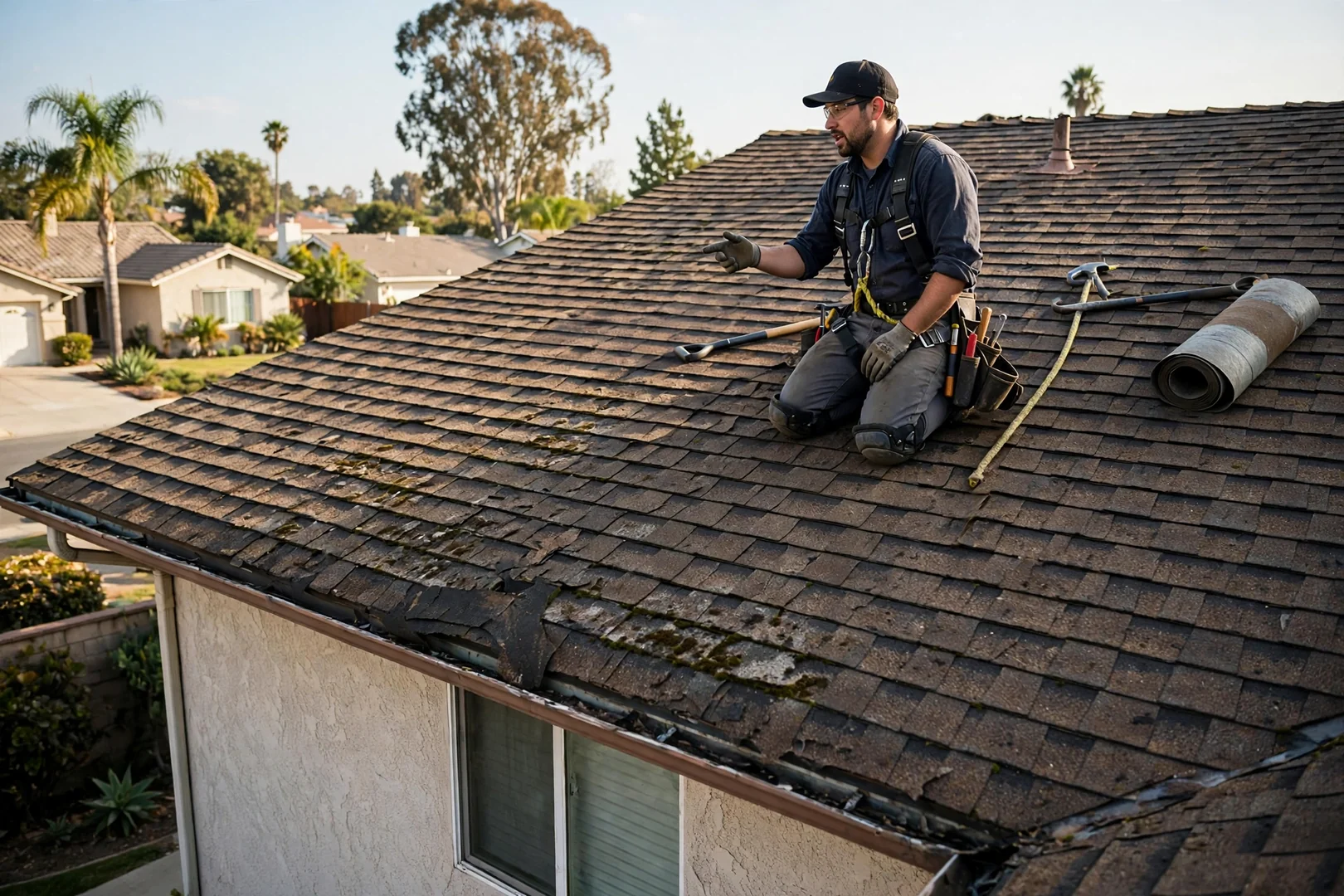 Worn asphalt shingles before tear-off on a two-story residential roof