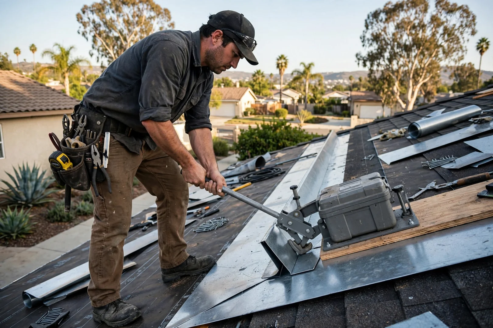 Roofer bending custom valley flashing with a portable metal brake on site
