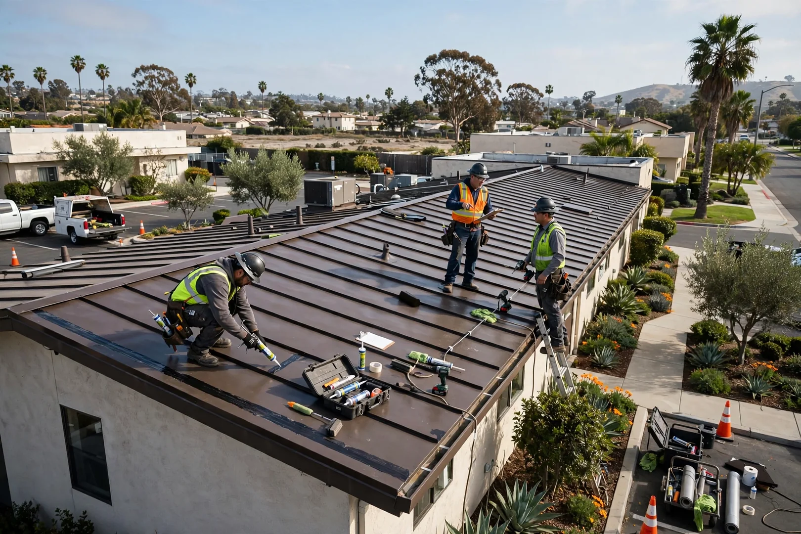 Wide view of a low-slope metal panel system on a small commercial building