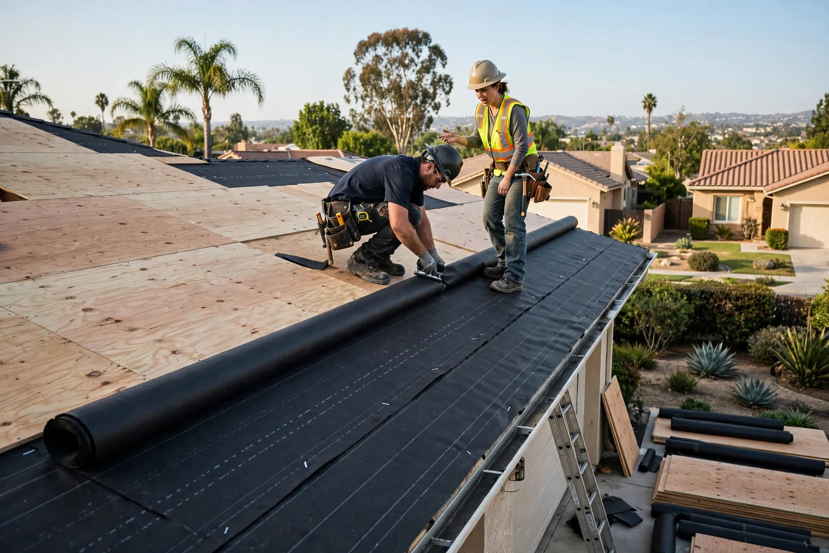 Synthetic underlayment and new sheathing installed across a prepared roof deck