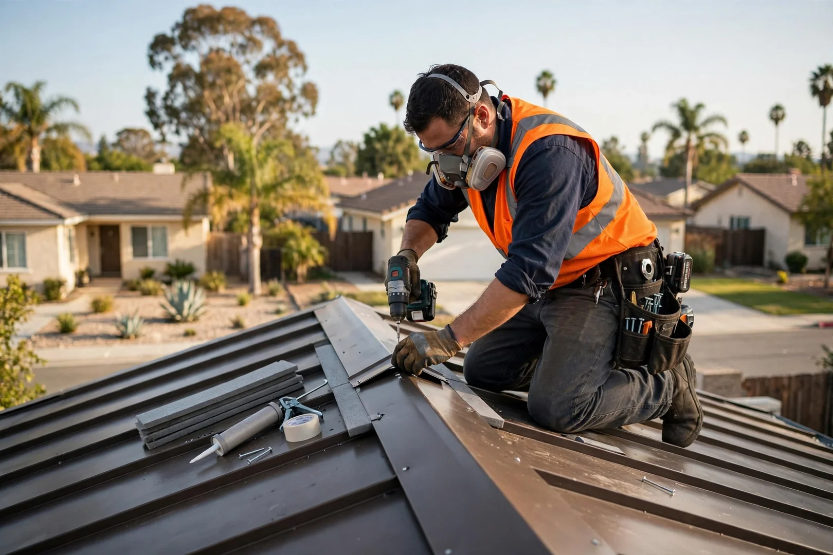 Ridge cap and closure strips completing a newly installed metal roof section