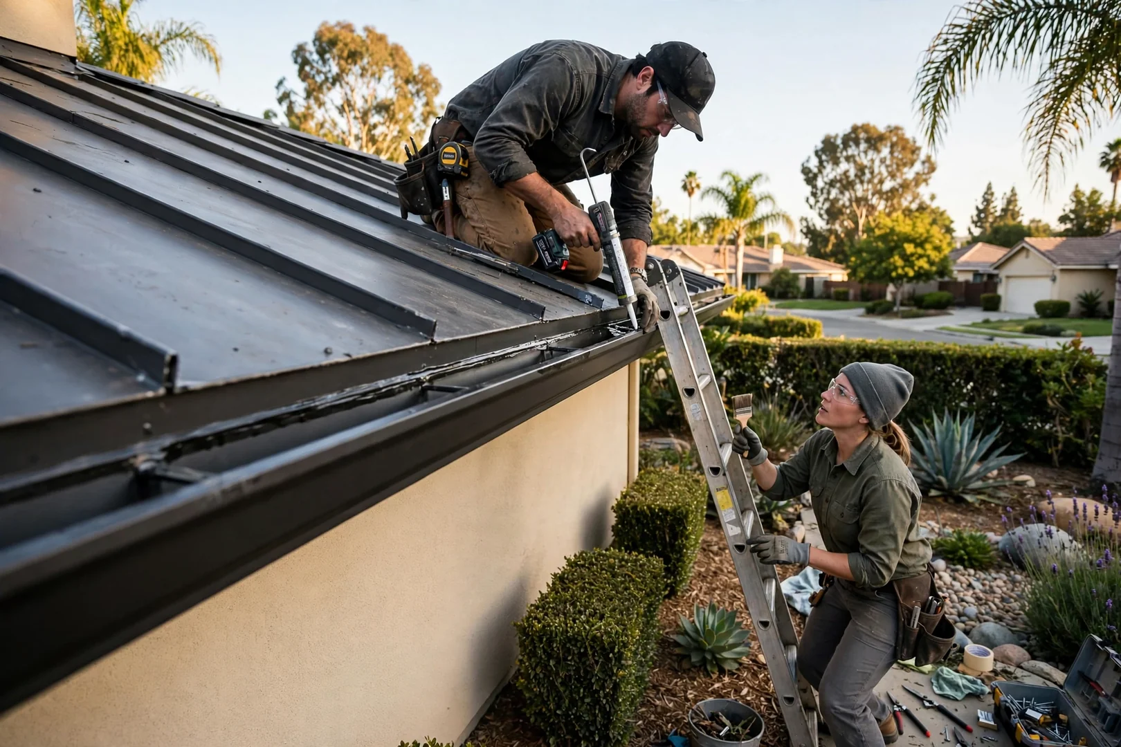 Metal roof panels meeting new drip edge and gutter run above trimmed landscaping