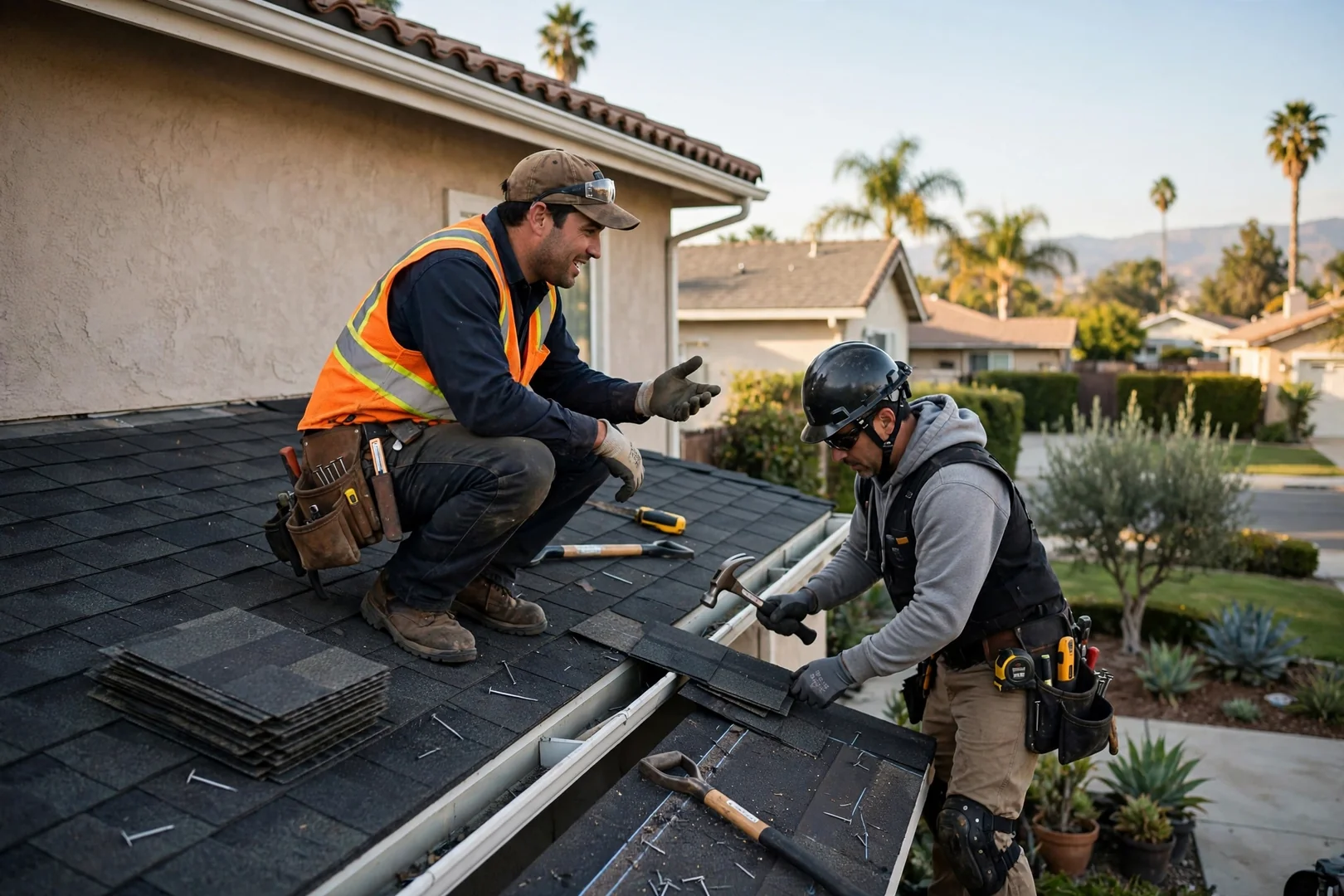 Roofer reviewing inspection notes beside a tile roof on a La Palma home
