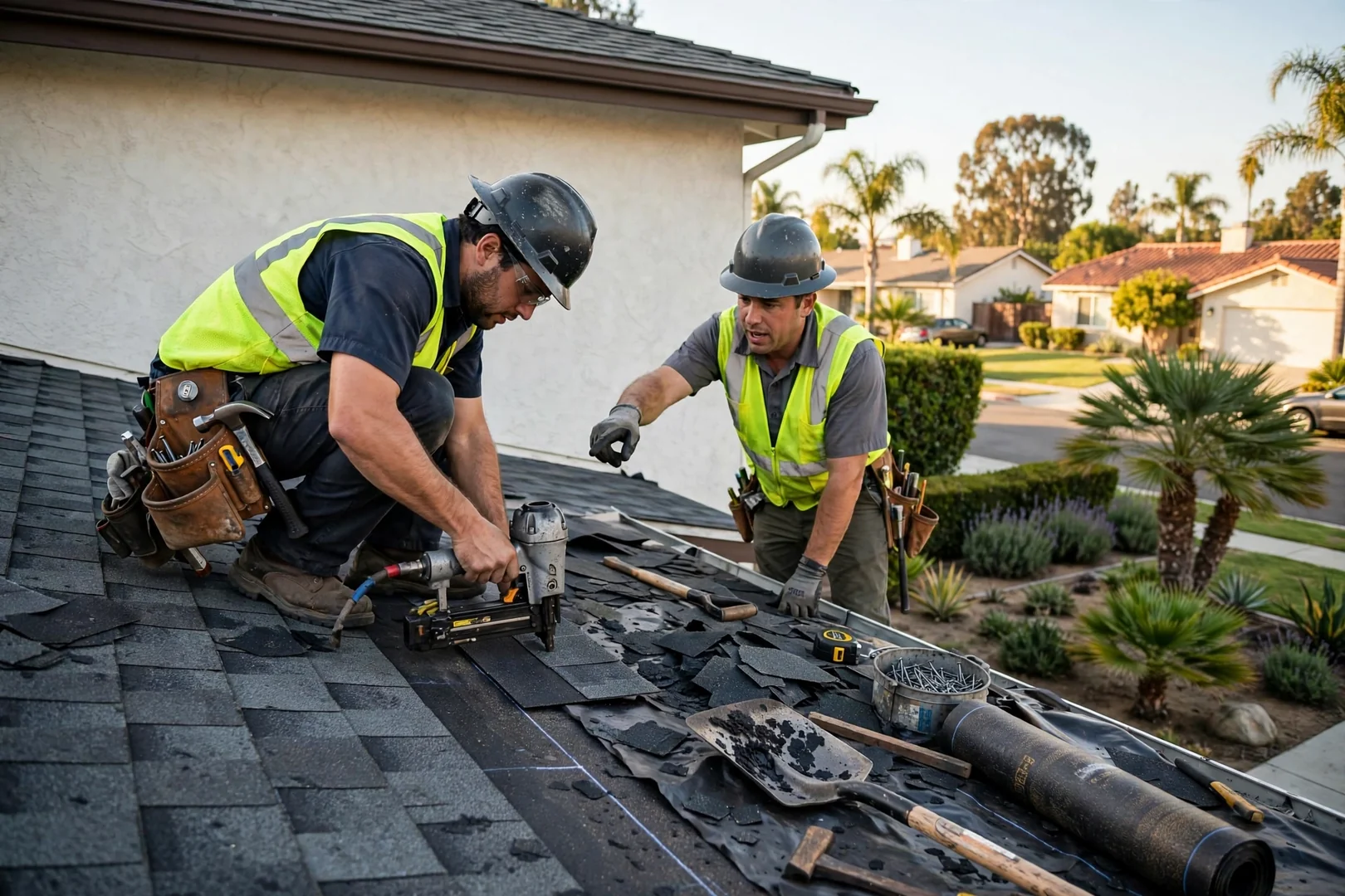 Roofing technician examining shingle flashing and vent seals during a La Palma home inspection