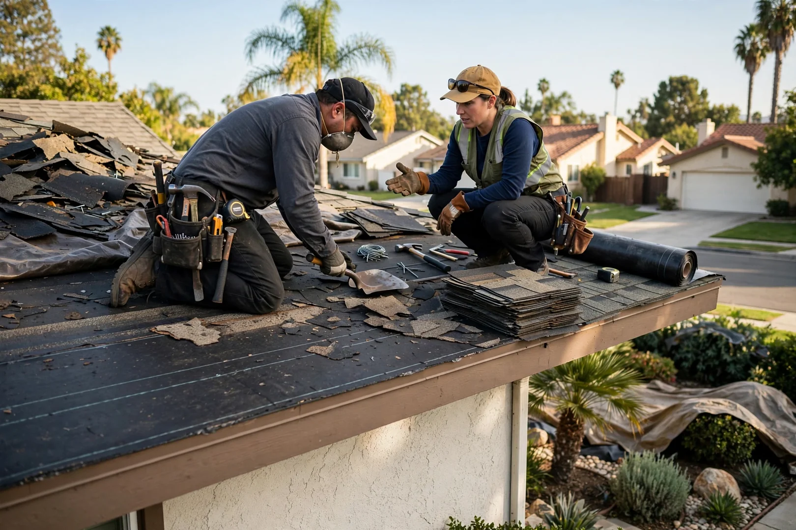 Close view of curled shingles and debris-filled roof valley on an older La Palma house