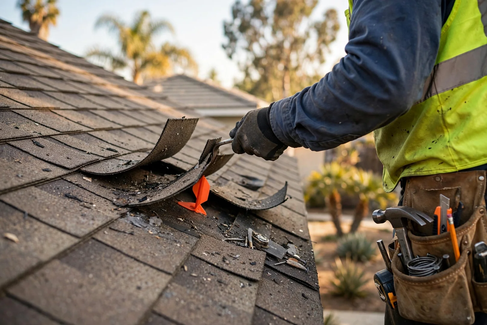 Close-up of lifted shingle tabs flagged during a La Palma roof inspection