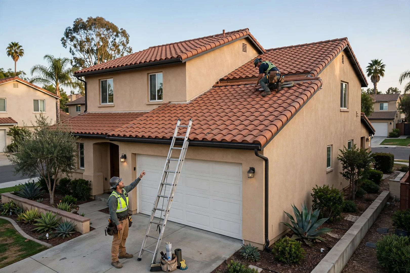 Wide shot of a two-story stucco home with freshly inspected tile roof