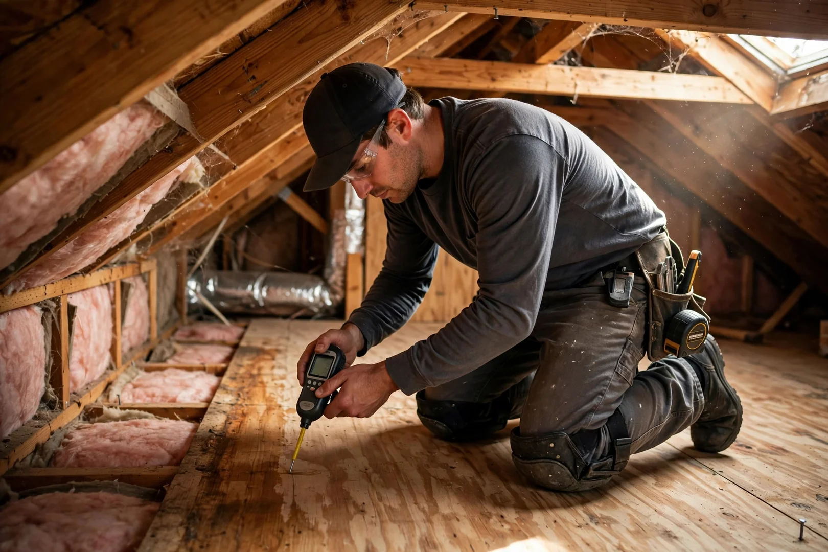 Roofer using a moisture meter on attic decking during an inspection