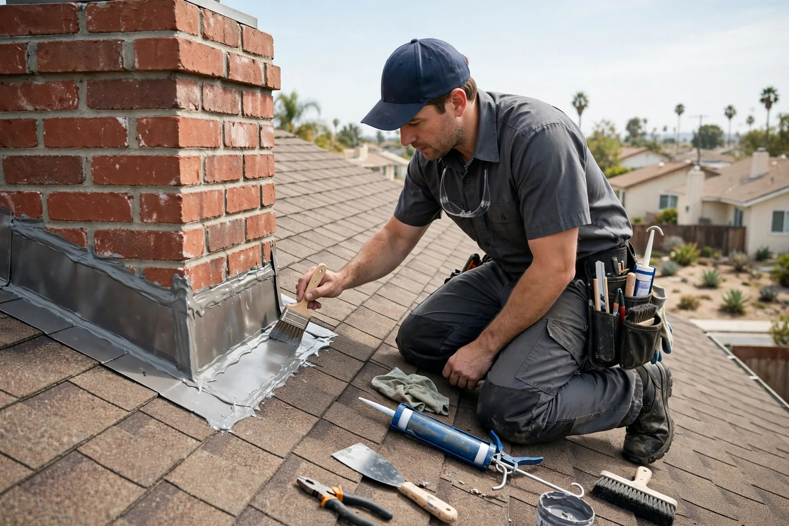 Chimney flashing and sealant joints examined on a residential composition roof