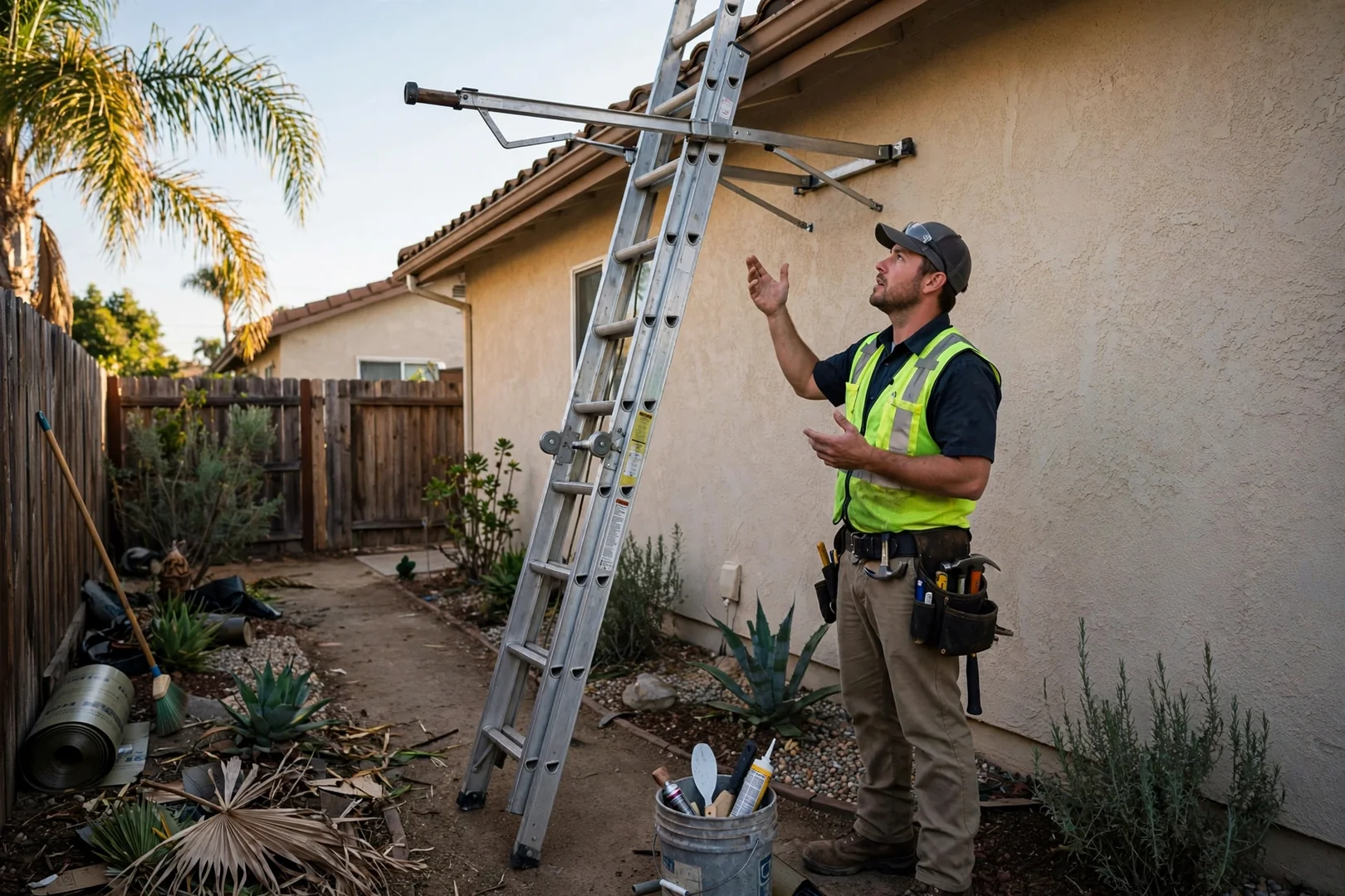 Ladder with stabilizer staged along a side yard for safe roof access