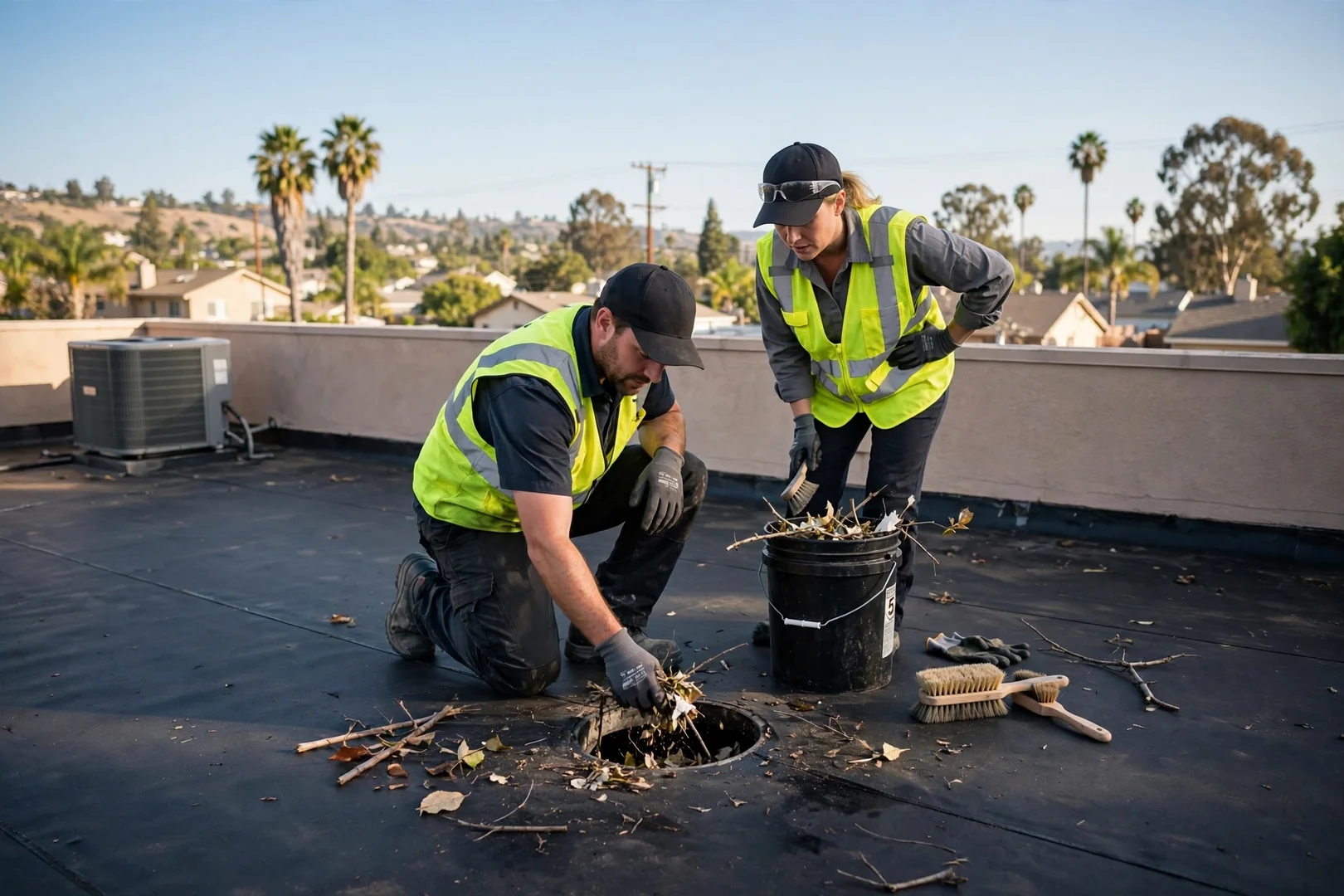 Low-slope commercial membrane roof with drains checked during routine inspection
