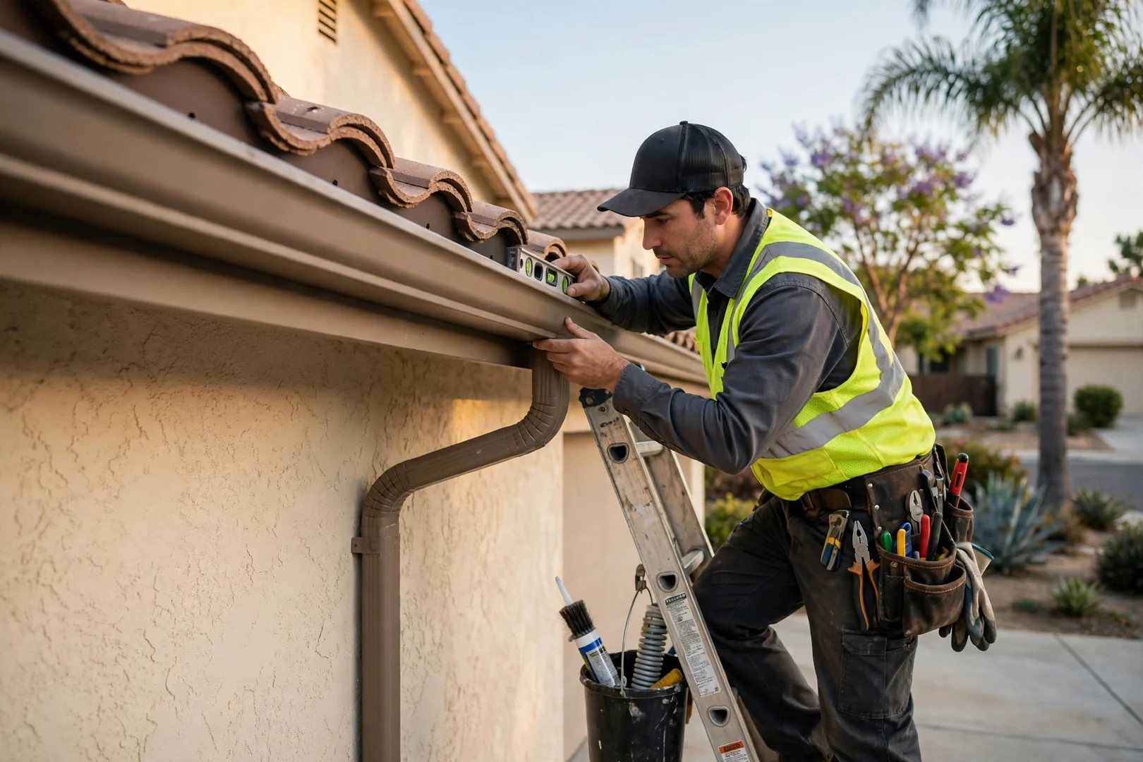 Gutter pitch and downspout outlet reviewed along a clean La Palma roofline