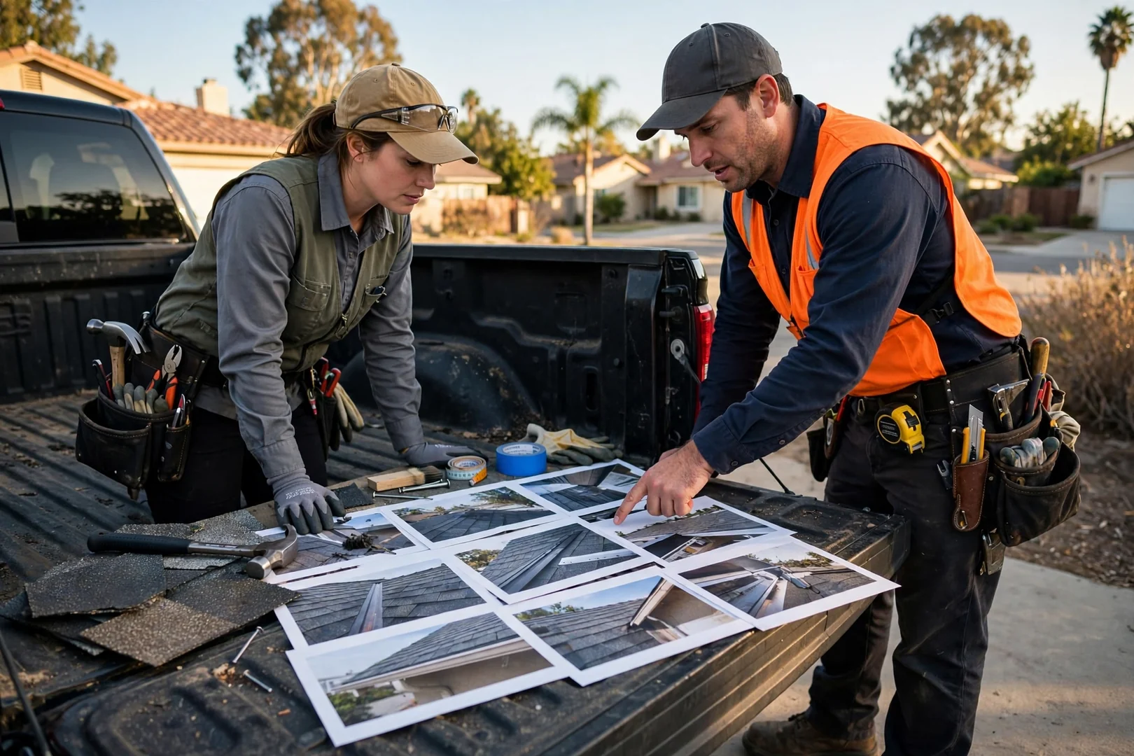 Completed inspection report with labeled photos spread on a tailgate