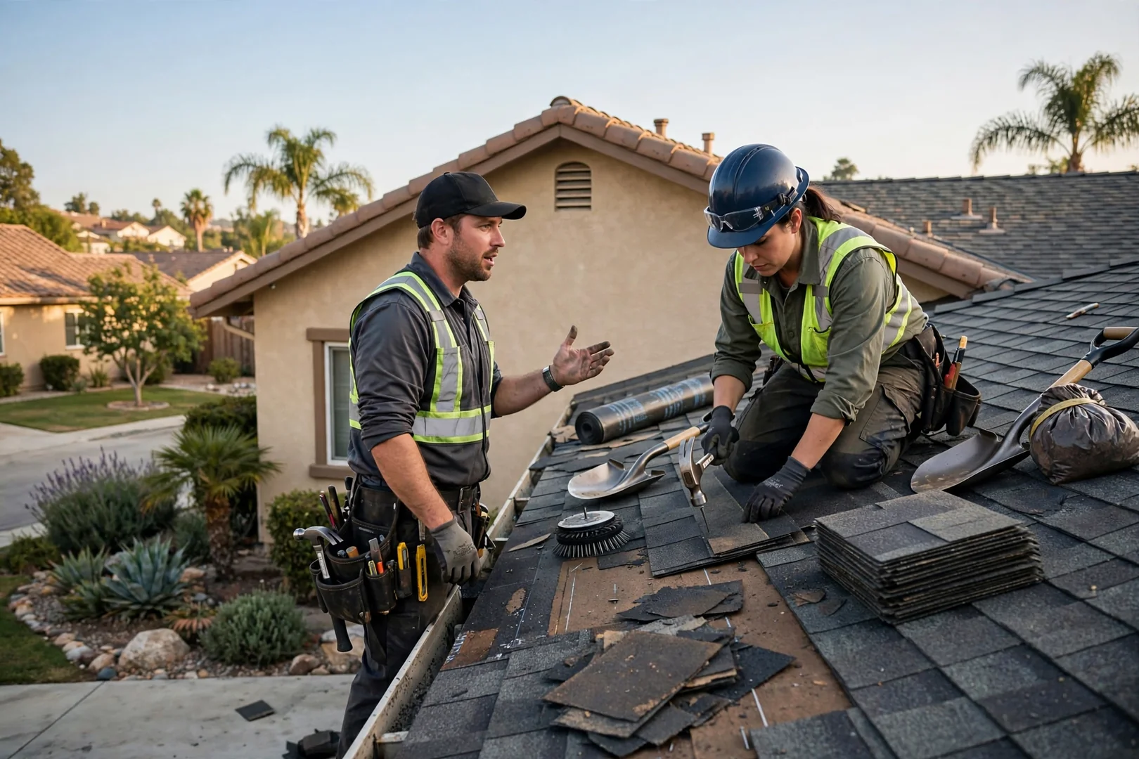 Roofer examining damaged shingles and flashing on a La Palma home during a repair estimate