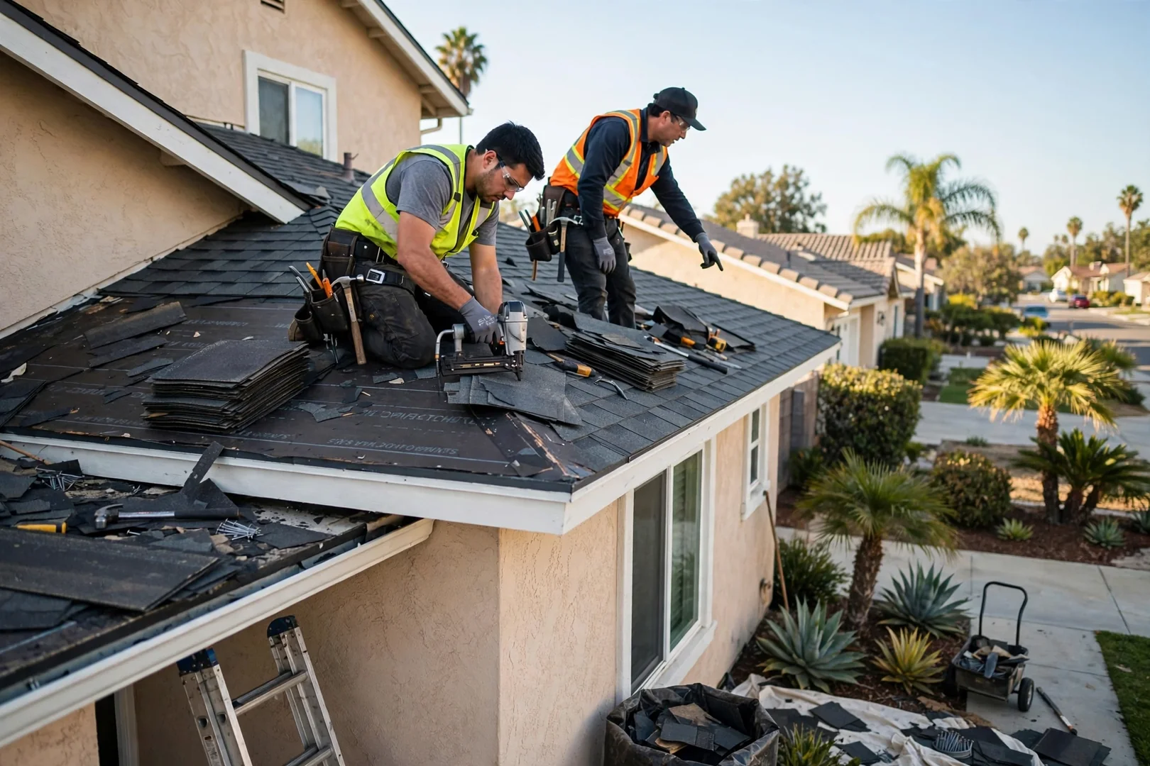 Roofer sealing flashing around a chimney during a roof repair on a La Palma home