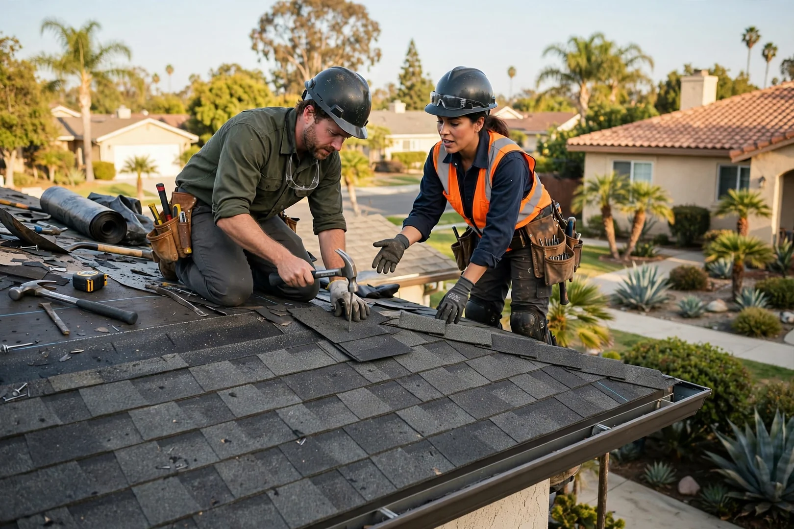 Close-up of cracked shingles and lifted flashing signaling roof repair needs on a home