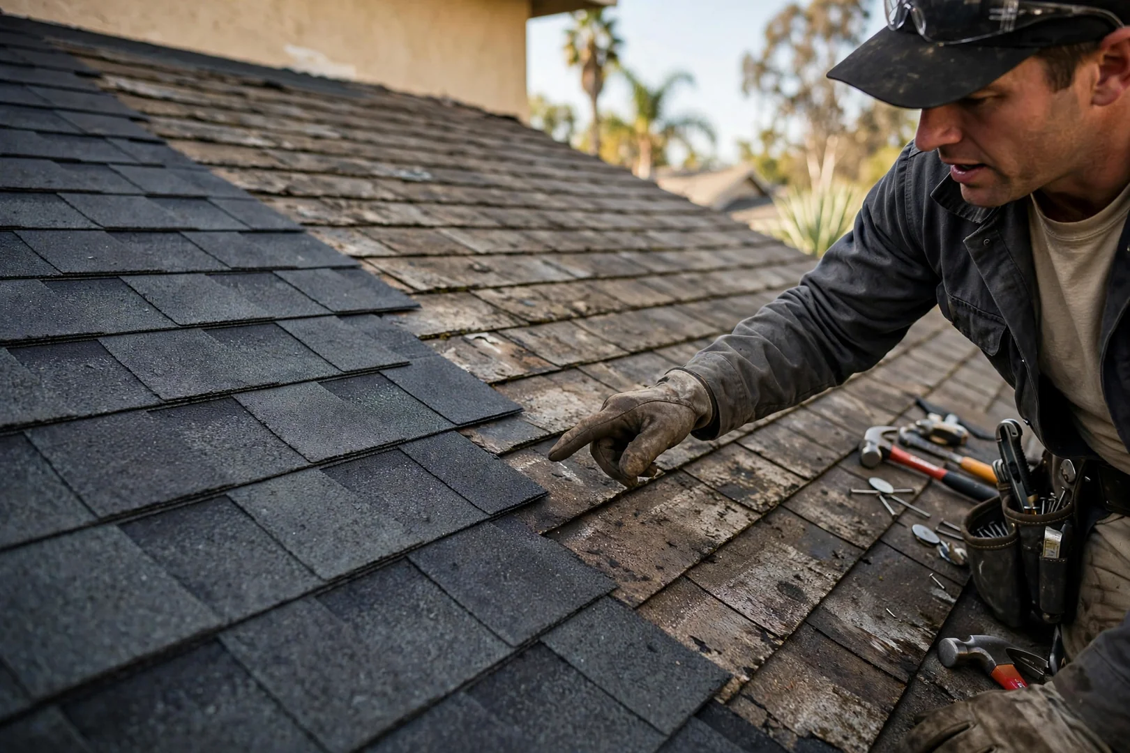Close-up of newly replaced composition shingles blended into an aging roof field