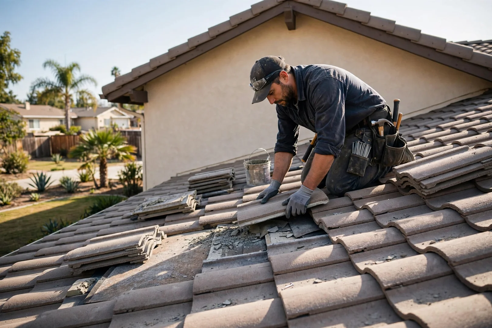 Roofer resetting slipped concrete tiles on a single-story La Palma home