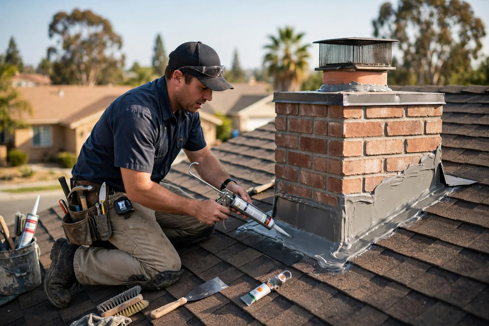 Rebuilt chimney flashing with fresh sealant on a residential asphalt shingle roof