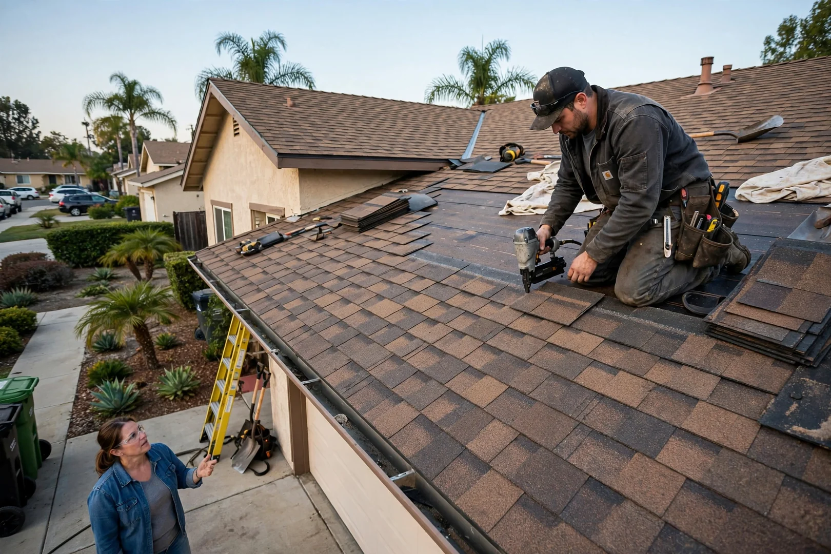 Wide shot of a repaired roof section matching the surrounding shingle color