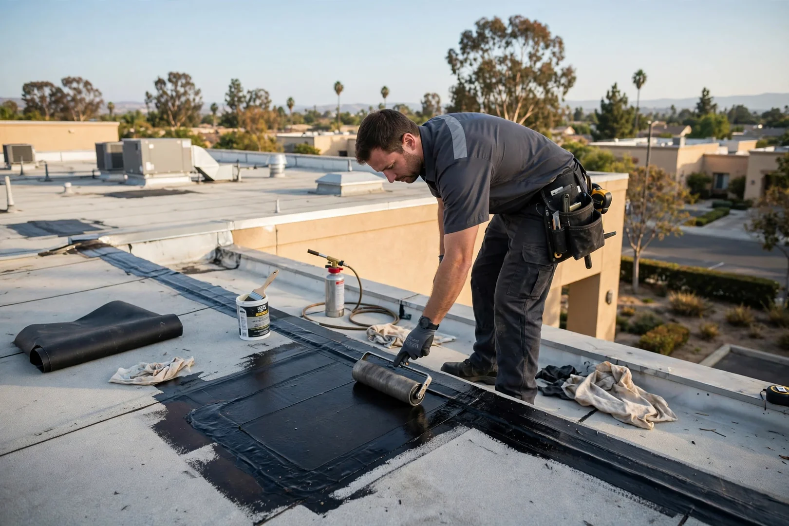 Flat roof membrane patch being rolled and sealed on a commercial building