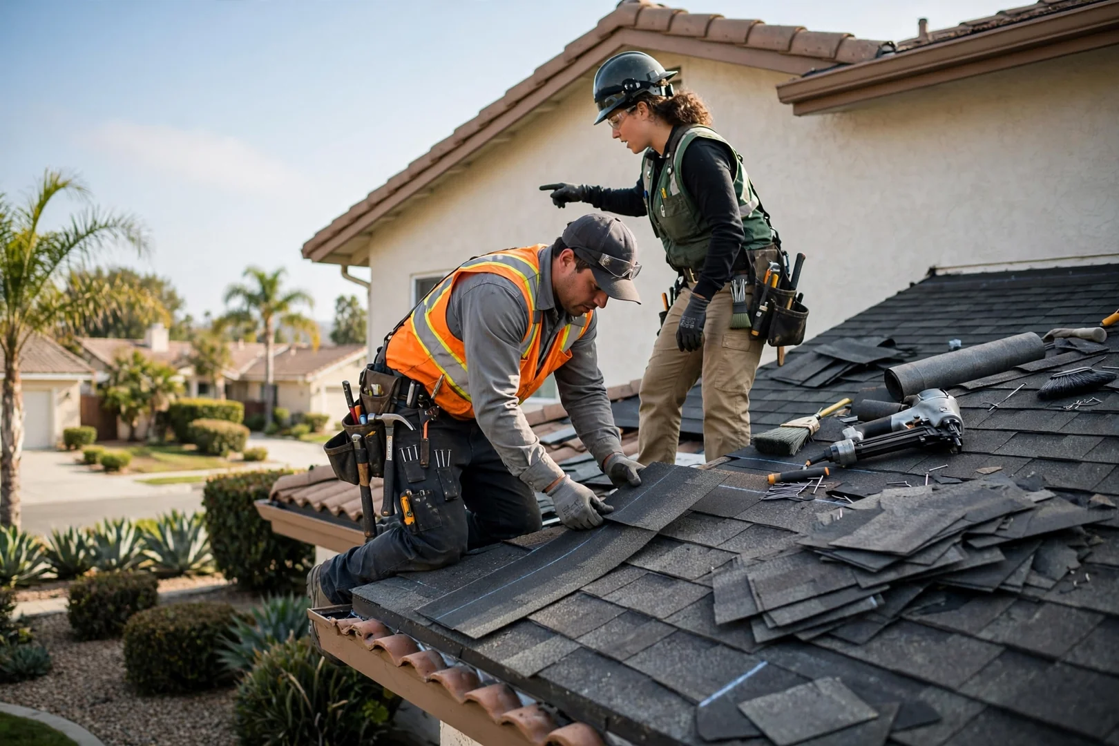 Roofing crew installing new architectural shingles on a La Palma home during a full replacement