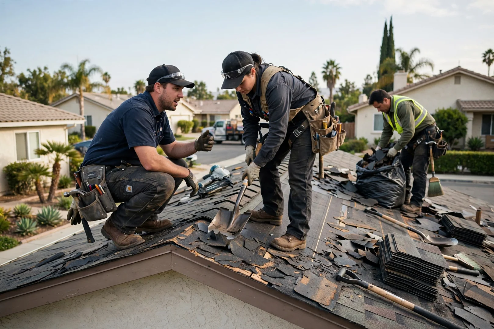 Roofing crew installing new asphalt shingles on a La Palma home during replacement