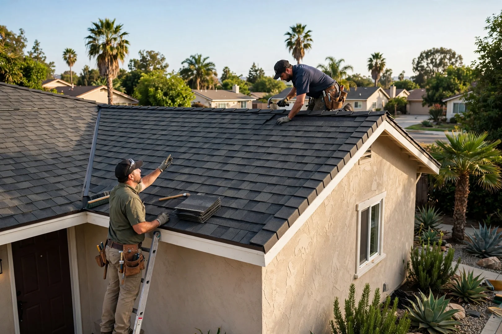 Finished architectural shingle roof on a single-story La Palma home with clean ridge lines