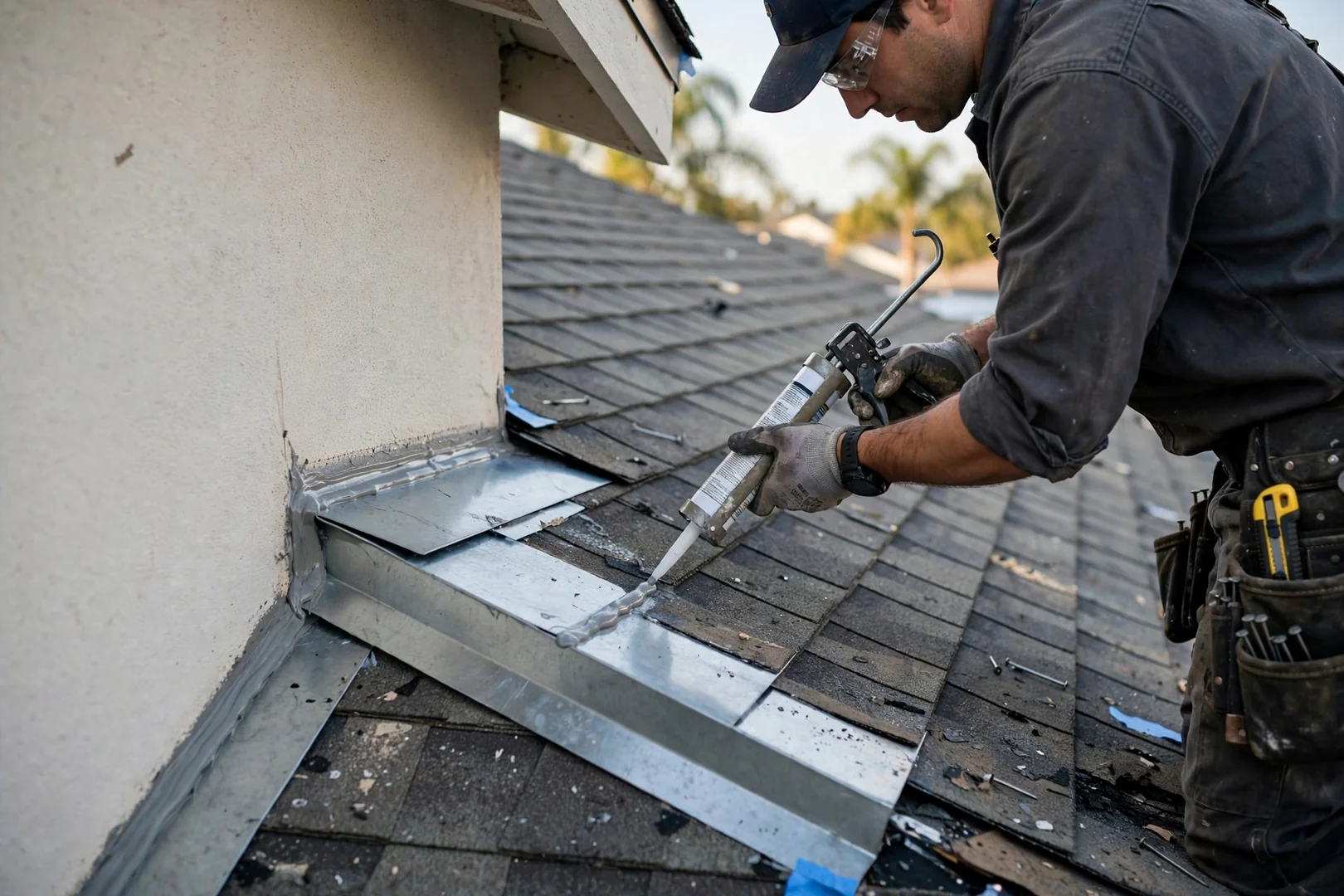 Close-up of new step flashing and sealed wall transition on a replaced residential roof