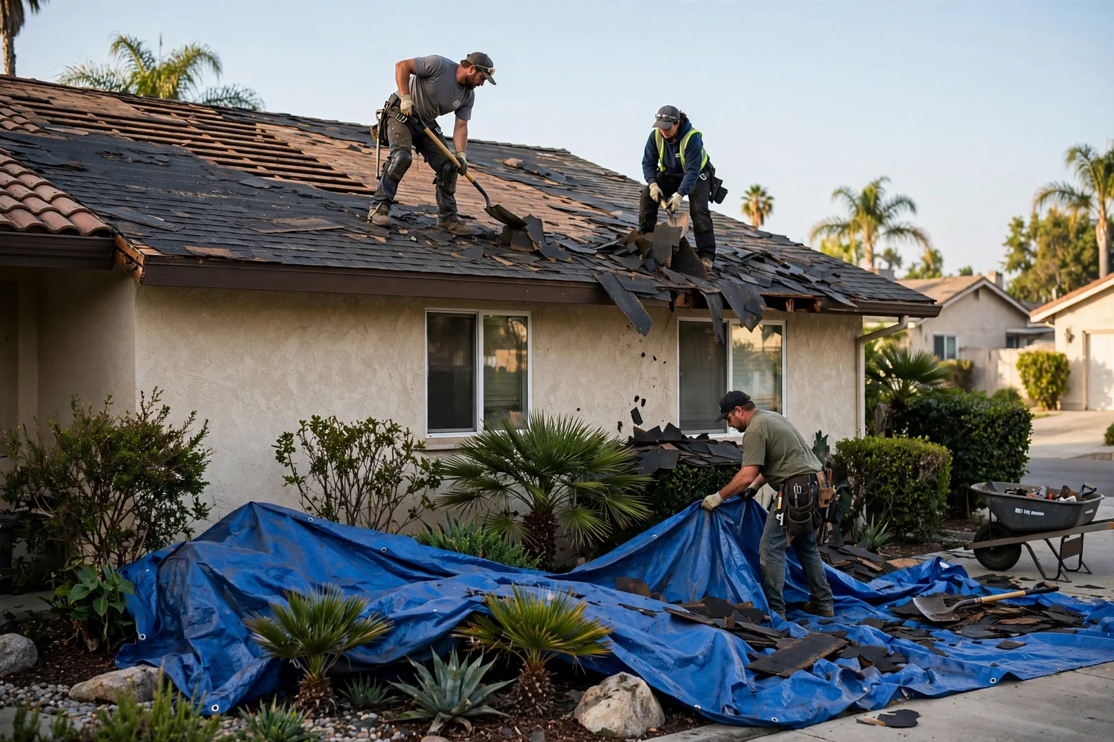 Roofing crew stripping old shingles in sections with tarps protecting landscaping below