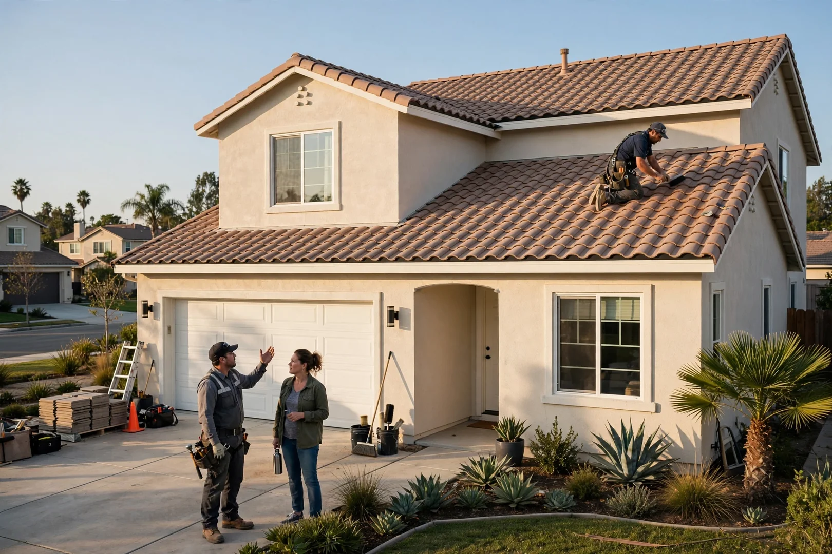 Wide shot of two-story home with new concrete tile roof and refreshed exterior